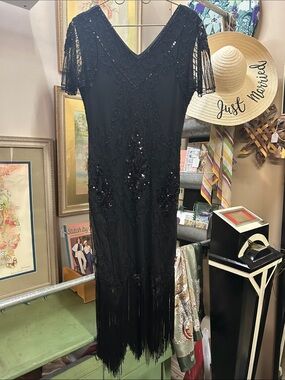 Pretty Guide Sequin & Beaded Black Fringe Midi Dress with V-Neck